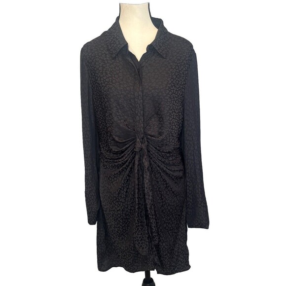 Steve Madden CURIOUS SILKY BLACK Animal Print Tie Front Shirt Dress Sz M NEW - Picture 1 of 10